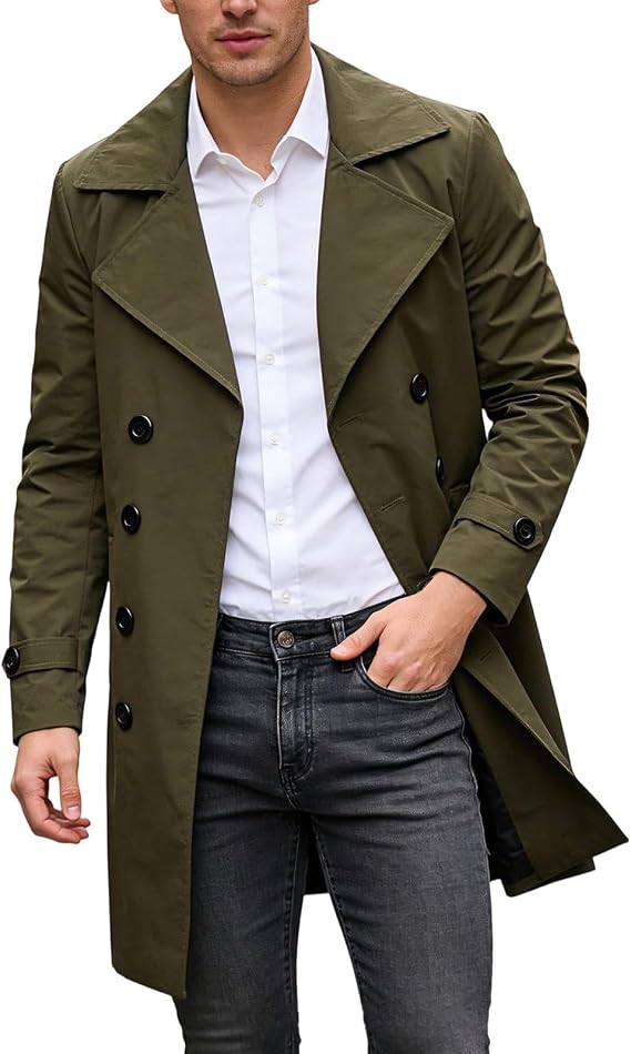 My Store Army Green BFAFEN Mens Trench Coat Mid Length Trench Coat Men Notched Lapel Pea Coat