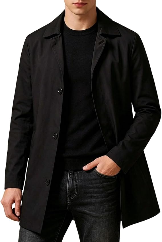 My Store Black BFAFEN Mens Trench Coat Mid Length Trench Coat Men Notched Lapel Pea Coat