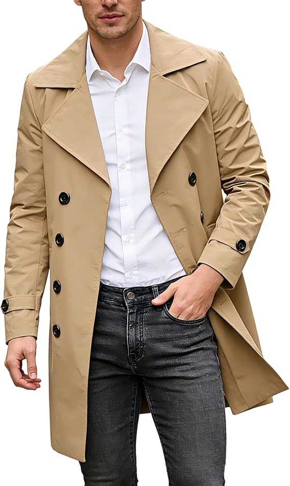 My Store Khaki BFAFEN Mens Trench Coat Mid Length Trench Coat Men Notched Lapel Pea Coat